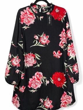 Simply Be Black Floral Shift Tunic Dress Mock Neck Balloon Sleeve Boho Plus
